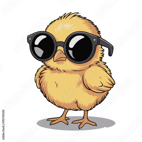 Cartoon chick wearing black sunglasses, standing on white background with cool attitude and yellow feathers