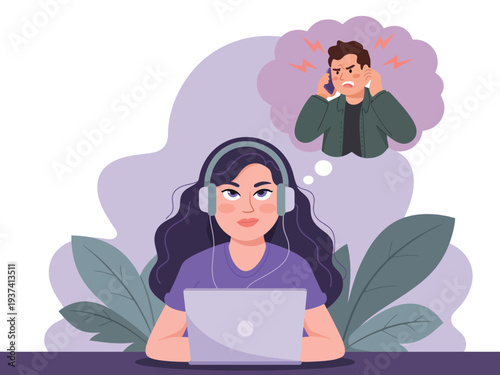 Woman wearing headphones using laptop with stressed man in thought bubble, purple background