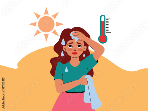 Woman Feeling Overheated in Summer Sun with Sweat and Towel