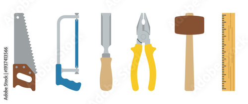 Various woodworking and construction hand tools including a saw, hacksaw, chisel, pliers, mallet, and ruler presented in a colorful flat design vector illustration