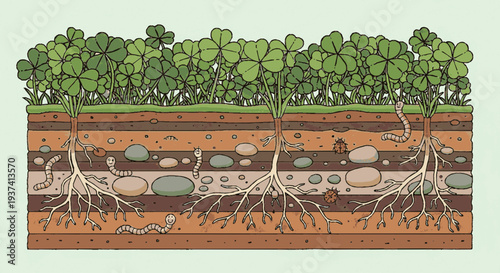 Soil layers with tree roots and forest foliage illustration