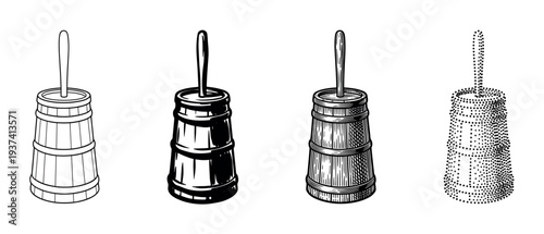 Set of four butter churn illustrations in different artistic styles including line art, solid black, vintage engraving, and stippling for a classic, rustic feel