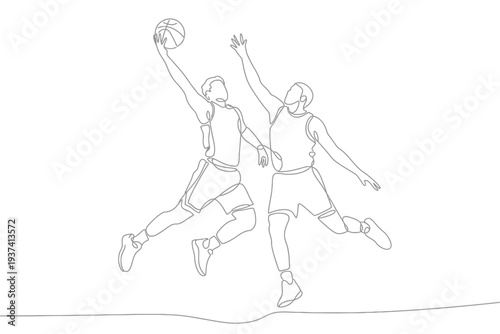 Two Basketball Players Jumping for Ball in Continuous Line Art Style on White Background Illustration