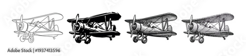 Vintage biplane airplane illustration set in four different graphic styles including outline, silhouette, engraving, and stippling for a retro aviation design concept