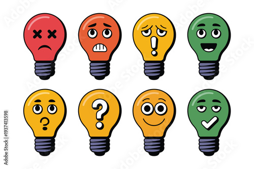 Colorful cartoon light bulb faces expressing various emotions and reactions in two rows