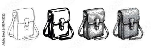 Set of four shoulder bag illustrations showing different artistic styles from simple line art to detailed engraving and halftone dot patterns, a vintage-inspired graphic design element