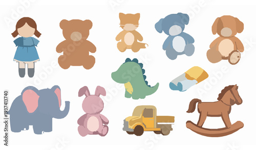 Playful kids toy set with rag doll teddy bunny dinosaur and wooden rocking horse vector illustration isolated on white background