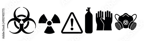 Collection of black hazard warning symbols and safety equipment icons, including biohazard, radiation, gas cylinder, protective gloves, and a respirator mask in a flat design