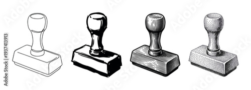 Four hand-drawn rubber stamp illustrations in a set showcasing various artistic styles like line art, ink sketch, detailed engraving, and dotwork stippling for office concepts