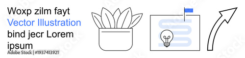 Creativity, innovation, growth, business strategy, environmental , minimal design. Potted plant, lightbulb on flag display upward arrow. Creativity and innovation concept