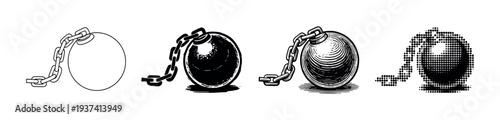 Set of four ball and chain illustrations in various graphic styles including line art, silhouette, engraving, and halftone, symbolizing imprisonment, burden, and debt
