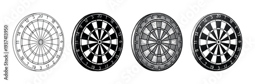 Four classic dartboard illustrations in a horizontal set, demonstrating a stylistic evolution from simple outline to solid silhouette, detailed woodcut, and retro halftone