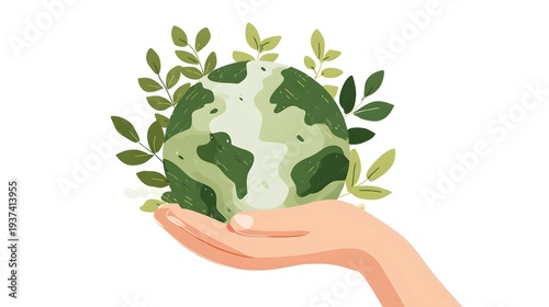 Hand holding green Earth with leaves, symbolizing environmental protection and sustainability.