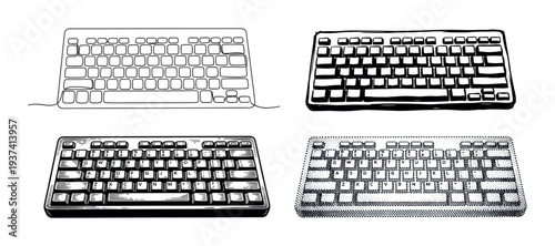 Four computer keyboard illustrations in a hand-drawn monochrome style, showcasing a collection of graphic techniques like continuous line art, engraving, and stipple dotwork