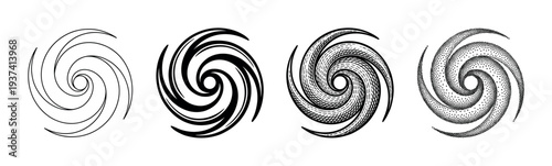 Four black and white spiral vortex icons showing a progression of graphic styles from simple line art and solid silhouette to detailed hatching and stippling dotwork illustration