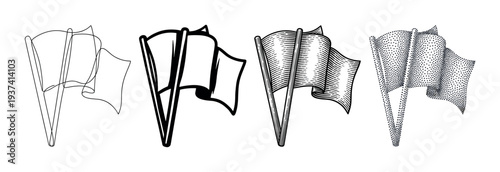 Set of four blank waving flags illustrated in various artistic styles including continuous line art, bold outline, vintage engraving, and stippling dotwork