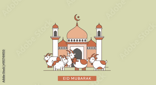 Islamic Mosque Building with Crescent Moon.