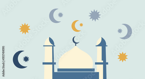Mosque Icon with Crescent Moon Phases.