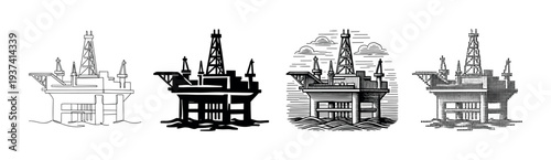 Set of four oil rig illustrations in black and white showing different graphic styles like line art, silhouette, detailed woodcut engraving, and a modern halftone effect