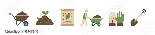 Set of gardening and composting icons showing a wheelbarrow, sprout, bag, person, gloves, and shovel for eco-friendly agriculture concepts in a flat vector style