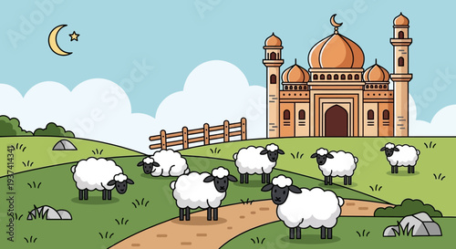 Mosque with Sheep Grazing Nearby Peacefully.