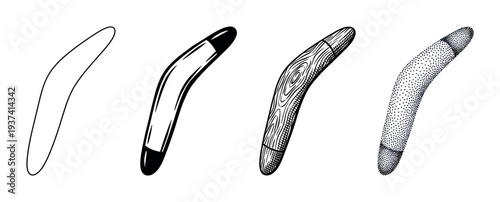 Set of four boomerang illustrations showing different artistic styles, including simple outline, graphic black and white, detailed woodcut engraving, and stippling dotwork