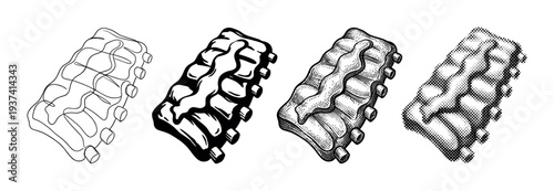 Set of four pork rib illustrations showing different graphic styles, including line art, solid black, detailed engraving, and halftone dot pattern for a retro look