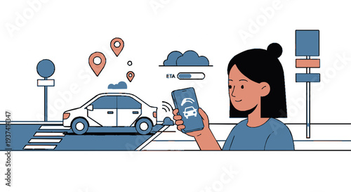 Woman using smartphone app to request transportation services on busy modern city street with gps navigation icons