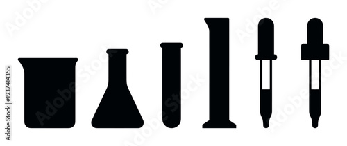 Set of black laboratory glassware silhouettes including a beaker, flask, test tube, cylinder, and pipettes arranged in a row, representing scientific research concepts