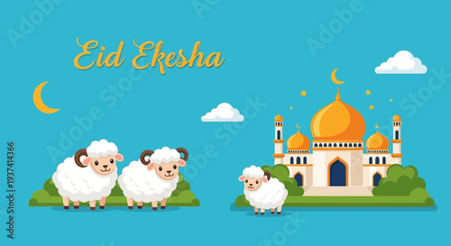 Sheep and Mosque Illustration for Eid Celebration.