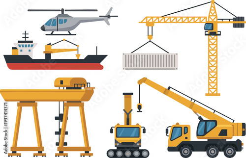 Construction and transportation equipment collection with helicopter, cargo ship, tower crane, gantry crane, crawler crane, and mobile truck crane, industrial illustration for shipping, logistics,