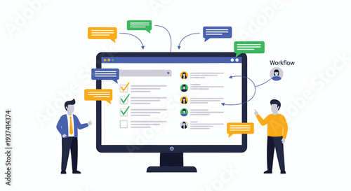 Vector illustration of two people discussing workflow on a computer