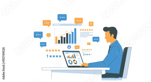 Vector illustration of man working on laptop with data analysis graphics