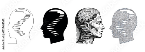 Four conceptual human head illustrations with internal staircases symbolizing personal growth, progress, and psychological development in various artistic styles like line art and engraving