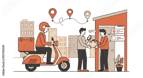 Delivery person on scooter handing package to customer at office doorstep urban city background efficient logistics service illustration