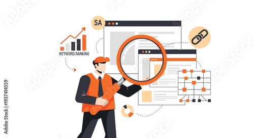 Vector illustration of a man analyzing data on a computer