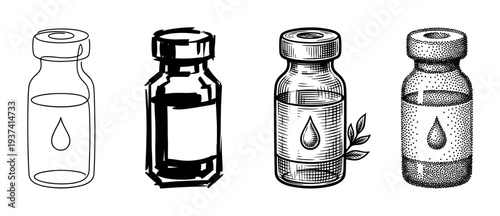 Four illustrated medical or cosmetic vials in various artistic styles, showcasing line art, expressive sketch, vintage engraving, and detailed stippling techniques