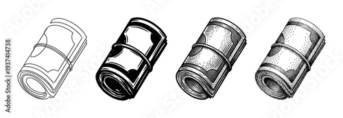 Four rolled banknote illustrations in different artistic styles including line art, solid ink, engraving, and stippling, presented in a vintage monochrome graphic set