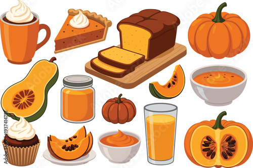 Pumpkin food collection with pie, bread, latte, soup, puree, juice, cupcake, and squash, autumn culinary illustration for Thanksgiving, seasonal cuisine, and festive design