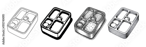 Four bento lunch box illustrations rendered in a set of different artistic techniques like line art, engraving, stippling, and solid black graphic from a high angle view