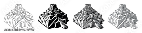 Four ancient Mesopotamian ziggurat temple icons presented in a collection of graphic art styles like line art, solid black, woodcut hatching, and dotted pixel art