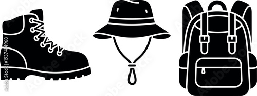 A set of hiking gear icons on transparent background