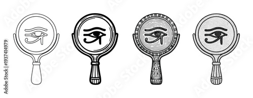 Four hand mirrors with the Eye of Horus symbol are illustrated in a set of different graphic styles, including outline, solid black, engraved, and stippled designs