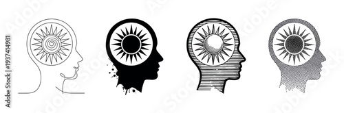 Four human head silhouettes with sun symbols inside representing positive thinking, consciousness, and enlightenment in various artistic styles like one-line art, engraving, and stippling