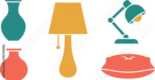 A colorful illustration of home decor items on transparent background