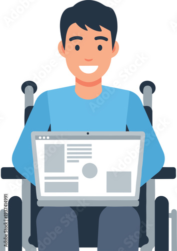 A smiling cartoon man in a wheelchair is working on a laptop on transparent background