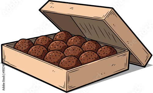 A cardboard box filled with chocolate truffles on transparent background