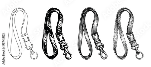 Set of four hand-drawn lanyards with buckles and clasps, illustrated in diverse artistic styles like line art, sketch, engraving, and stippling
