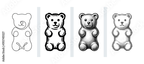 Set of four gummy bear illustrations showcasing different artistic techniques including minimalist line art, bold brush strokes, vintage engraving, and modern halftone dots