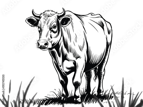 Black and White Cow Standing in Grass Field with Horns and Ears Perked Up Illustration